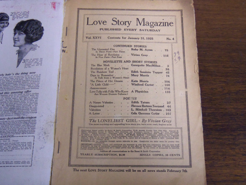 1925 JANUARY 31 LOVE STORY MAGAZINE ILLUSTRATED - EDITH SESSIONS TUPPER - K 1131