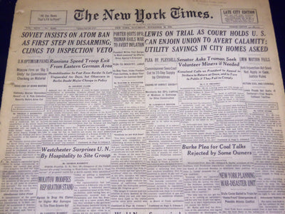 1946 NOVEMBER 30 NEW YORK TIMES - SOVIET INSISTS ON ATOM BAN - NT 3171