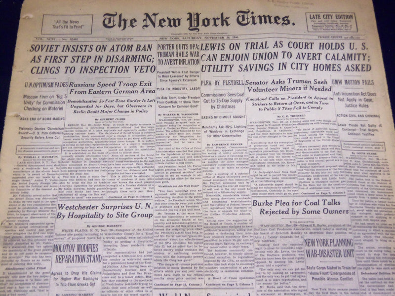 1946 NOVEMBER 30 NEW YORK TIMES - SOVIET INSISTS ON ATOM BAN - NT 3171
