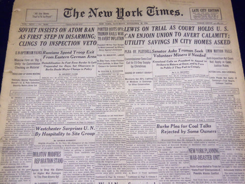 1946 NOVEMBER 30 NEW YORK TIMES - SOVIET INSISTS ON ATOM BAN - NT 3171