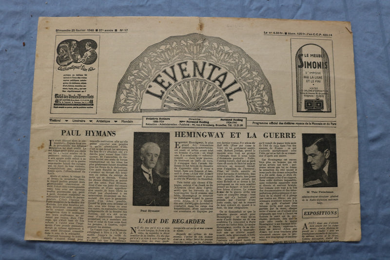 1945 FEB 25 L'EVENTAIL NEWSPAPER - HEMINGWAY ET LA GUERRE - FRENCH - NP 9205