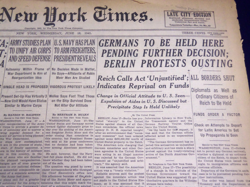 1941 JUNE 18 NEW YORK TIMES - GERMANS TO BE HELD HERE ALL BORDERS, SHUT- NT 1100