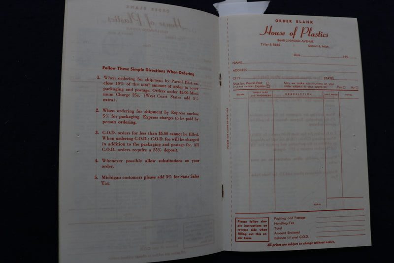 1952 FABRICATING MANUAL AND CATALOG - HOUSE OF PLASTICS - DETROIT, MI - K 920