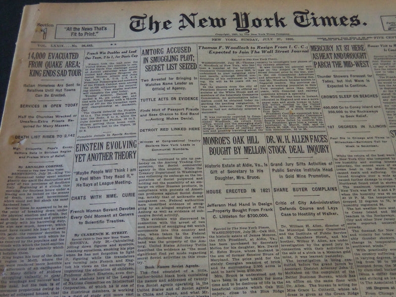 1930 JULY 27 NEW YORK TIMES - EINSTEIN EVOLVING YET ANOTHER THEORY - NT 5750