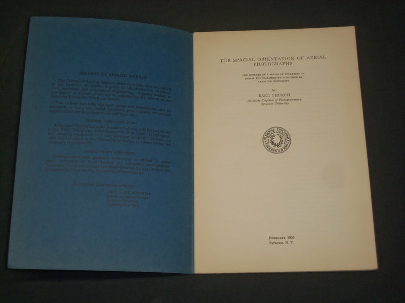 1936 THE SPACIAL ORIENTATION OF AERIAL PHOTOGRAPHS BOOK BY EARL CHURCH - J 5937