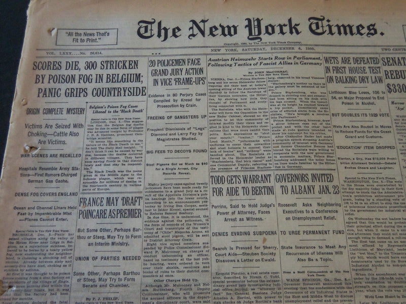 1930 DECEMBER 6 NEW YORK TIMES - POISON FOG IN BELGIUM KILLS SCORES - NT 5642