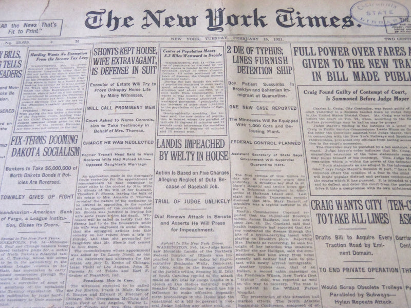 1921 FEBRUARY 15 NEW YORK TIMES - LANDIS IMPEACHED BY WELTY IN HOUSE - NT 5470