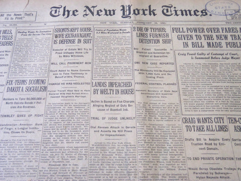 1921 FEBRUARY 15 NEW YORK TIMES - LANDIS IMPEACHED BY WELTY IN HOUSE - NT 5470