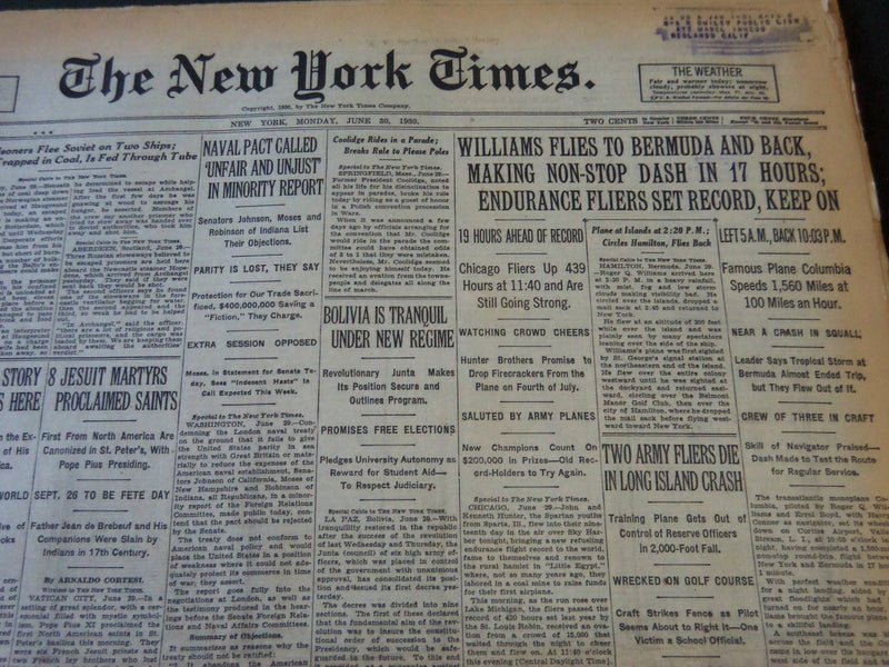 1930 JUNE 30 NEW YORK TIMES WILLIAMS FLIES TO BERMUDA & BACK IN 17 HRS - NT 5693