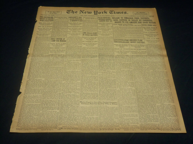 1917 JUNE 20 NEW YORK TIMES NEWSPAPER - WILSON TO EMBARGO FOOD EXPORTS - NT 7809