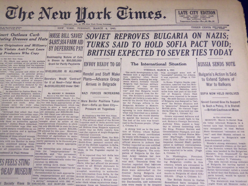 1941 MARCH 4 NEW YORK TIMES - SOVIET REPROVES BULGARIA ON NAZIS - NT 1088