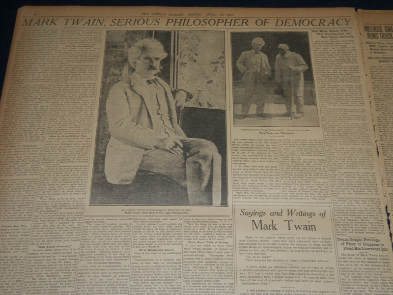 1910 APRIL 24 THE BOSTON HERALD NEWSPAPER - MARK TWAIN FUNERAL RATES - BH 367