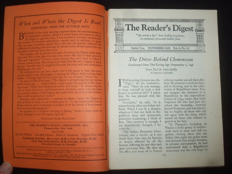 1929 NOVEMBER THE READER'S DIGEST SOFTCOVER BOOK - NUMBER 91 - J 9935