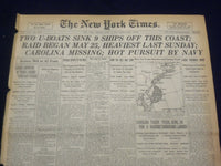 1918 JUNE 4 NEW YORK TIMES - TWO U-BOATS SINK 9 SHIPS OFF COAST - NT 9077