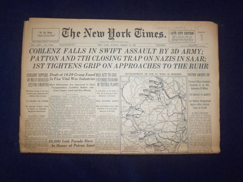 1945 MARCH 18 NEW YORK TIMES -COBLENZ FALLS IN SWIFT ASSAULT BY 3D ARMY- NP 6669