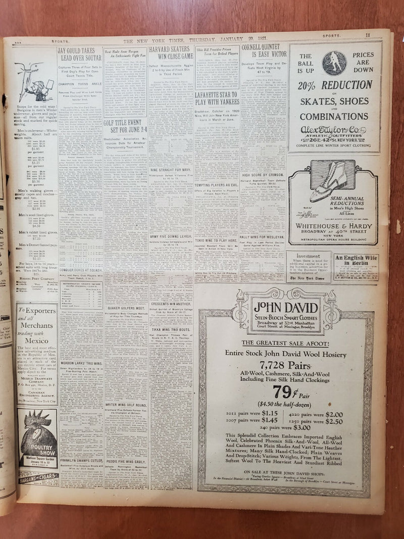 1921 JANUARY 20 NEW YORK TIMES NEWSPAPER - CARPENTER FIGHT IS OFF - NT 8107