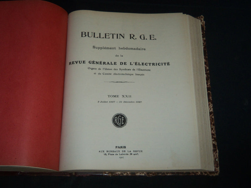 1927 JULY-DEC REVUE GENERALE DE L'ELECTRICITE BOUND VOLUME NO. 22 - KD 2010C