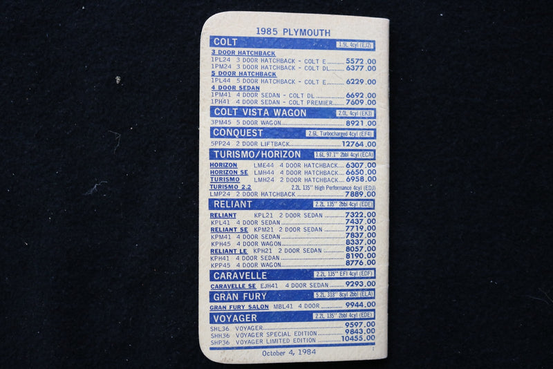 1985 CHRYSLER-PLYMOUTH SPECIFICATION GUIDE - SOFTCOVER BOOK - K 3534