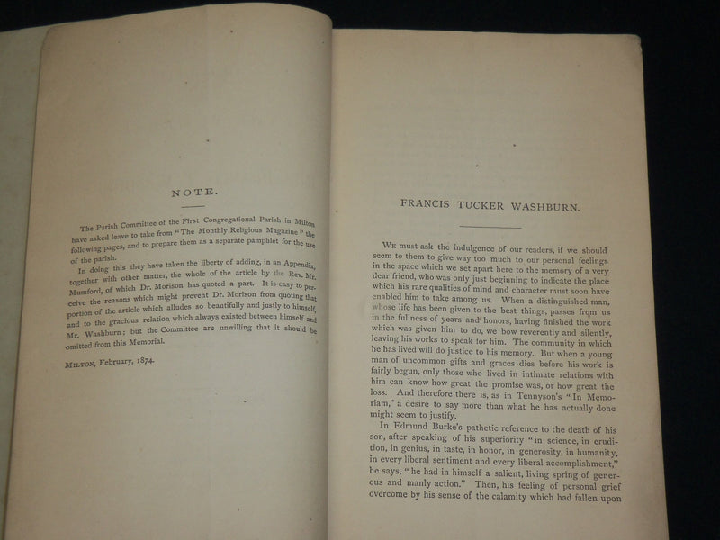 1874 DISCOURSE AT THE FUNERAL OF REV. FRANCIS TUCKER WASHBURN - J 6081