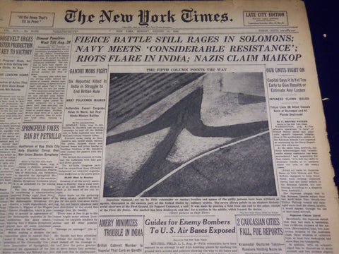1942 AUG 10 NEW YORK TIMES - RIOTS FLARE IN INDIA NAZIS CLAIM MAIKOP - NT 1537