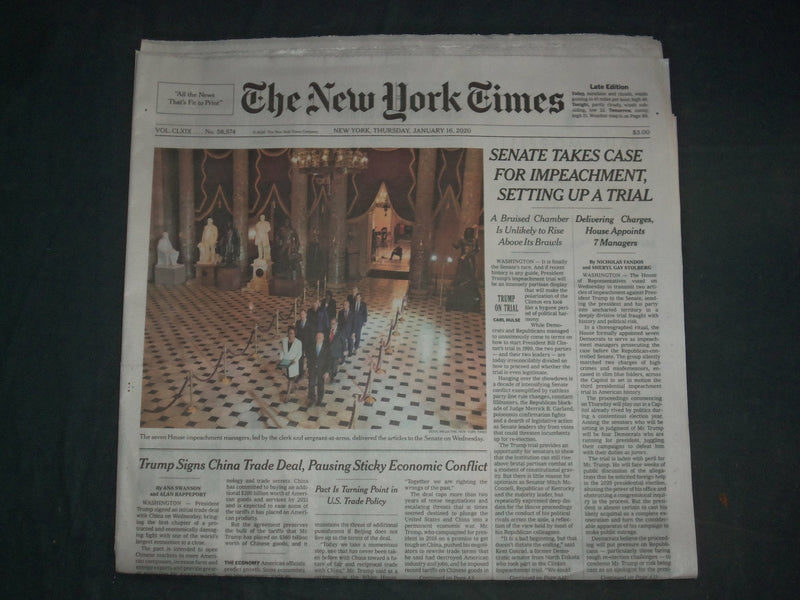 2020 JANUARY 16 NEW YORK TIMES -SENATE TAKES CASE FOR IMPEACHMENT, SET FOR TRIAL