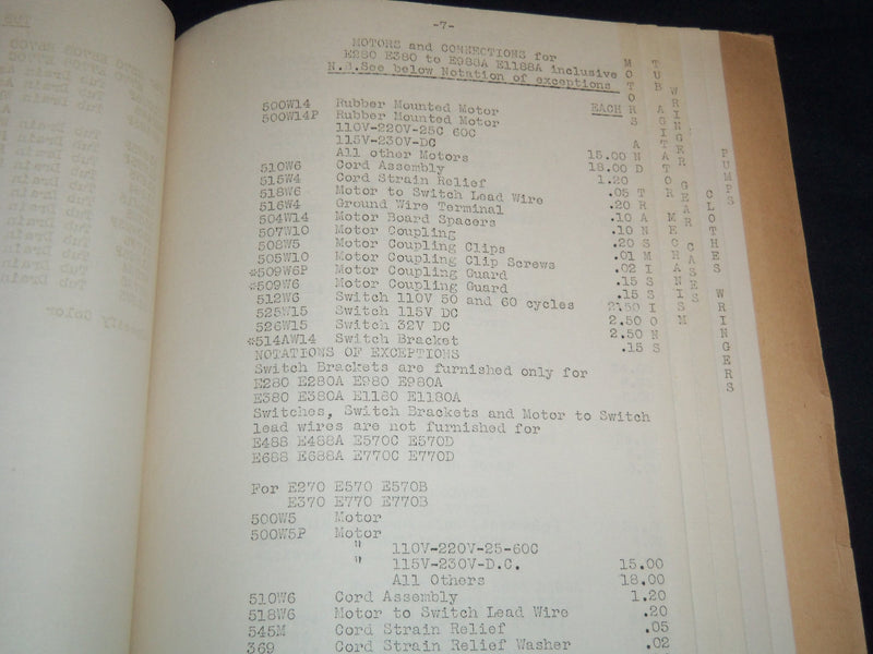 1938 UNIVERSAL ELECTRIC WASHERS PARTS PRICE LIST - CONNECTICUT - J 9011