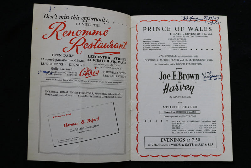 1949 JOE E. BROWN IN HARVEY - PRINCE OF WALES THEATRE - PROGRAM - K 1841