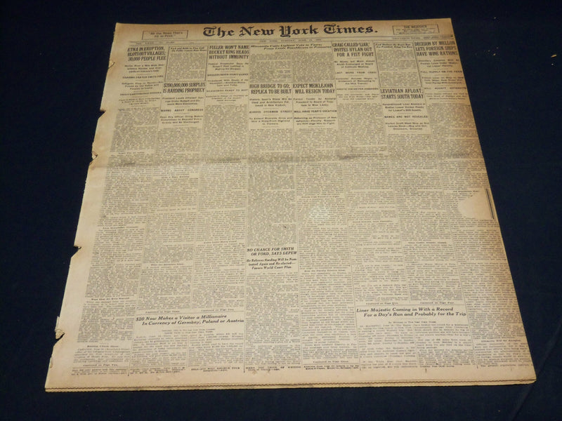 1923 JUNE 19 NEW YORK TIMES - ETNA IN ERUPTION BLOTS OUT VILLAGES - NT 8731