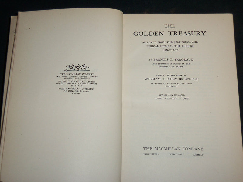 1929 THE GOLDEN TREASURY HARDCOVER BOOK BY FRANCIS PALGRAVE - KD 6686