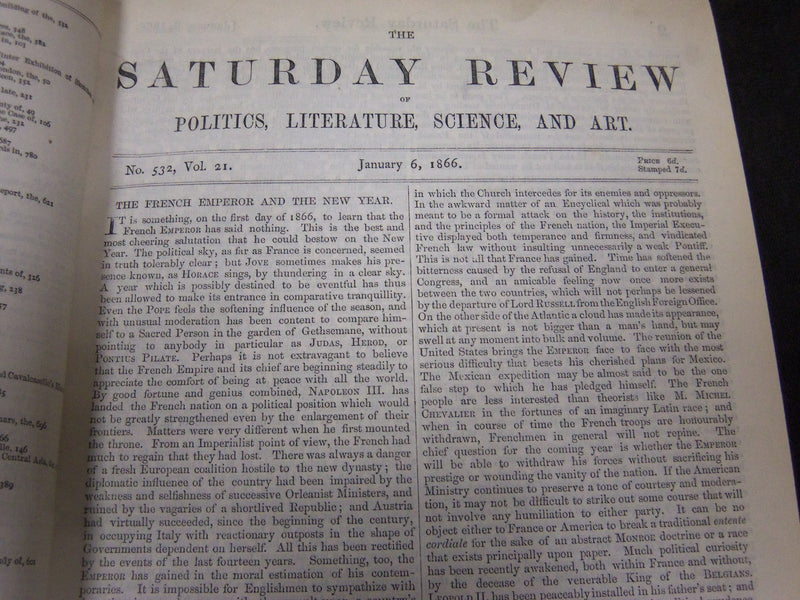 1866 SATURDAY REVIEW 2 BOUND VOLUMES - COMPLETE YR- PUBLISHED IN LONDON - R 1082