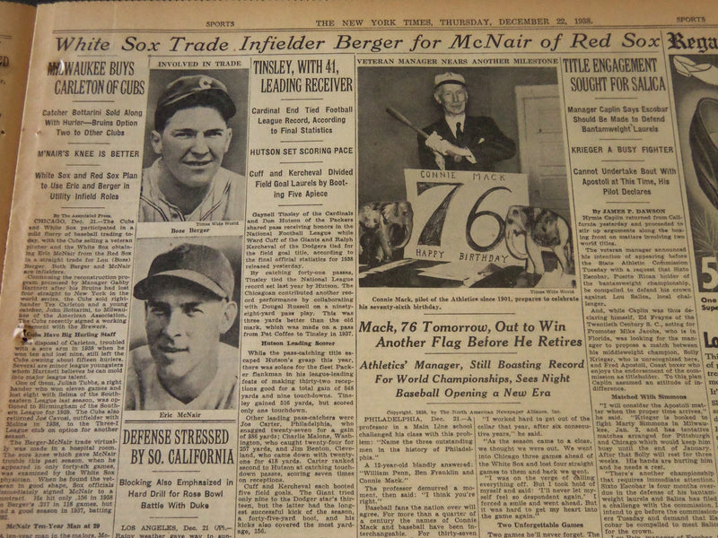 1938 DECEMBER 22 NEW YORK TIMES - CONNIE MACK 76 TOMORROW - NT 6264
