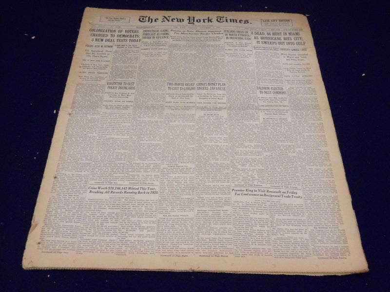 1935 NOVEMBER 5 NEW YORK TIMES - MIAMI HURRICANE 3 DEAD - NT 3798