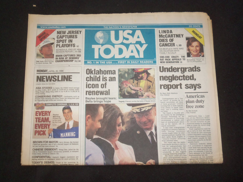 1998 APRIL 20 USA TODAY NEWSPAPER - LINDA MCCARTNEY DIES OF CANCER - NP 7915
