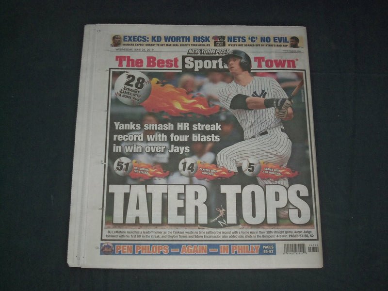 2019 JUNE 26 NEW YORK POST NEWSPAPER - YANKEES TEAM RECORD WITH HR IN 28 GAMES