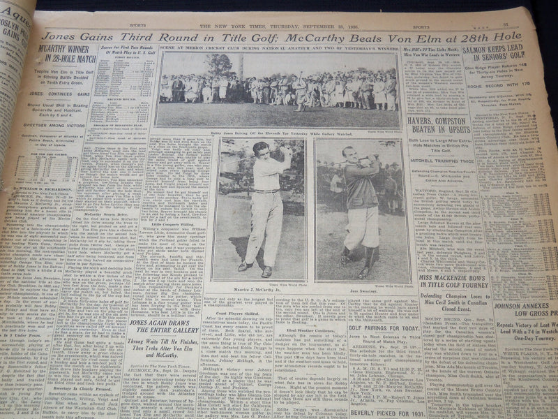 1930 SEPTEMBER 25 NEW YORK TIMES NEWSPAPER - JONES WINS TWICE AT GOLF - NT 9431