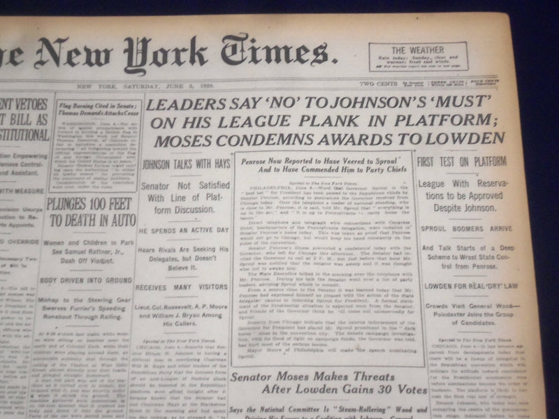 1920 JUNE 5 NEW YORK TIMES - MOSES CONDEMNS AWARDS TO LOWDEN - NT 9105