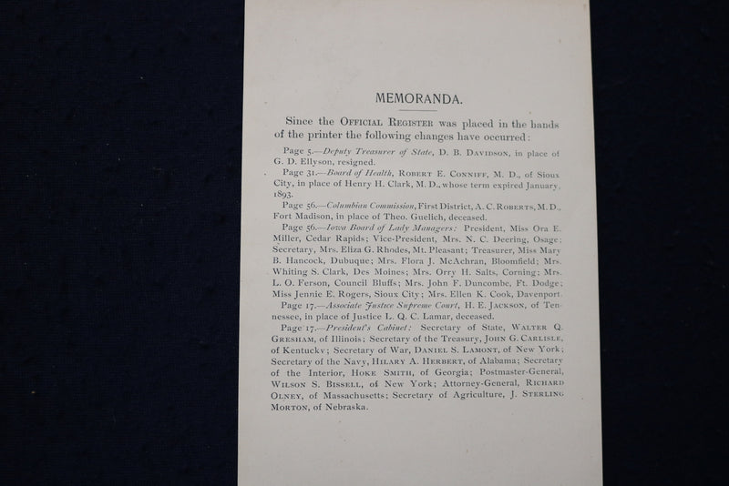 1893 IOWA OFFICIAL REGISTER - HARDCOVER BOOK - K 1768