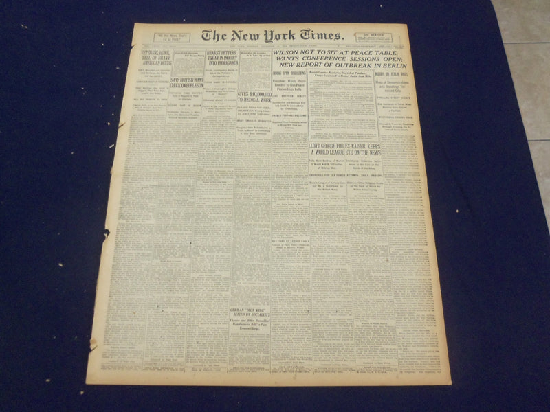 1918 DECEMBER 10 NEW YORK TIMES - WILSON NOT TO SIT AT PEACE TABLE - NT 9167