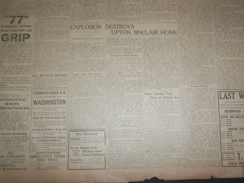 1907 MARCH 17 THE BOSTON HERALD - EXPLOSION DESTROYS UPTON SINCLAIR HOME - BH 12