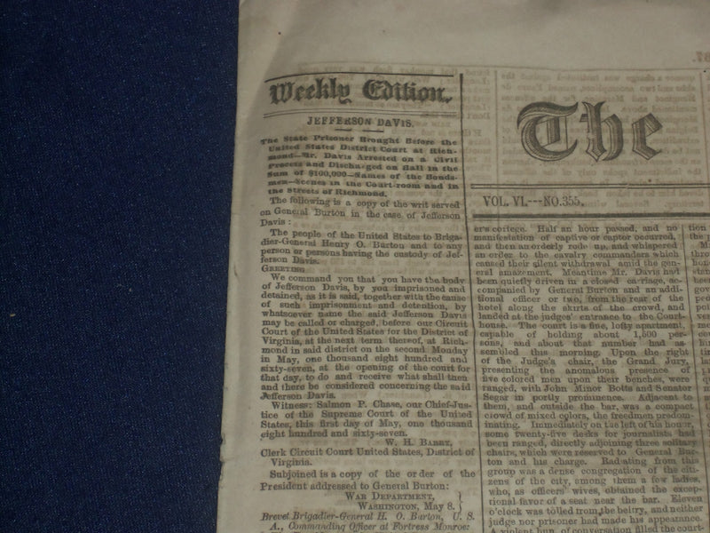 1867 MAY 15 THE WORLD NEWSPAPER - JEFFERSON DAVIS - NP 5078
