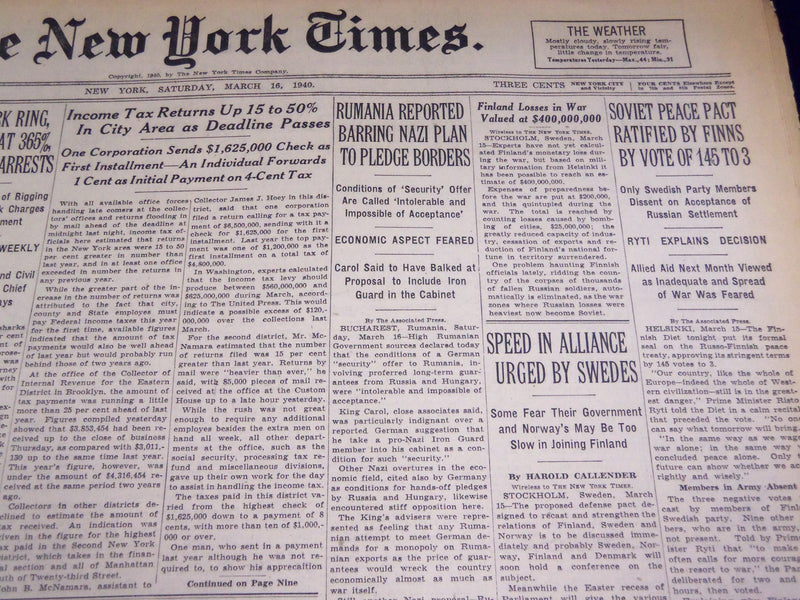 1940 MARCH 16 NEW YORK TIMES - RUMANIA BARS NAZI PLAN - NT 2886