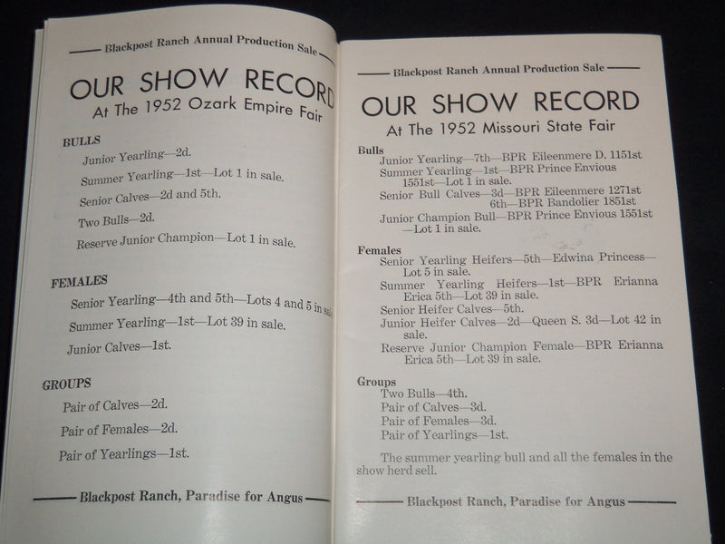 1952 BLACKPOST RANCH ANNUAL PRODUCTION SALE CATALOG - OLATHE KANSAS - J 9101