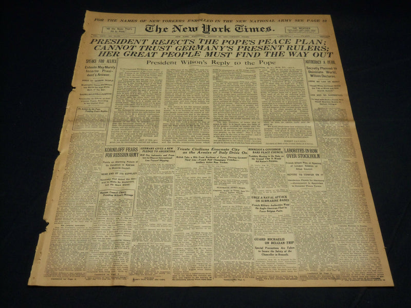 1917 AUGUST 29 NEW YORK TIMES - PRESIDENT REJECTS POPE'S PEACE PLAN - NT 8517
