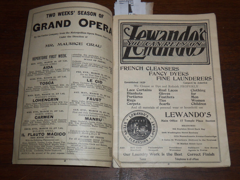 1902 MARCH 10 BOSTON THEATRE OPERA PROGRAM - LAWRENCE MCCARTY - K 1188