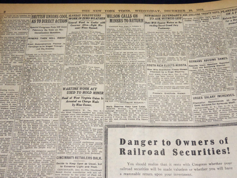 1919 DECEMBER 10 NEW YORK TIMES - MINERS DELAY DECISION TO END STRIKE - NT 7951