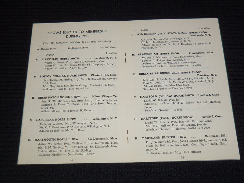 1944 THE AMERICAN HORSE SHOWS ASSOCIATION SUPPLEMENT TO RULE BOOK - J 7478