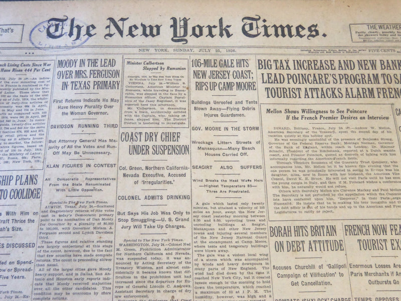 1926 JULY 25 NEW YORK TIMES - 105 MILES GALE HITS NEW JERSEY COAST - NT 6593