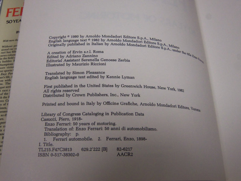 1982 ENZO FERRARI 50 YERAS OF MOTORING BOOK BY PIERO CASUCCI - KD 58