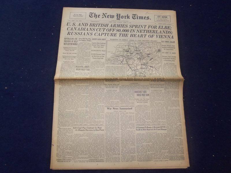 1945 APRIL 10 NEW YORK TIMES - U.S. AND BRITISH ARMIES SPRINT FOR ELBE - NP 6691
