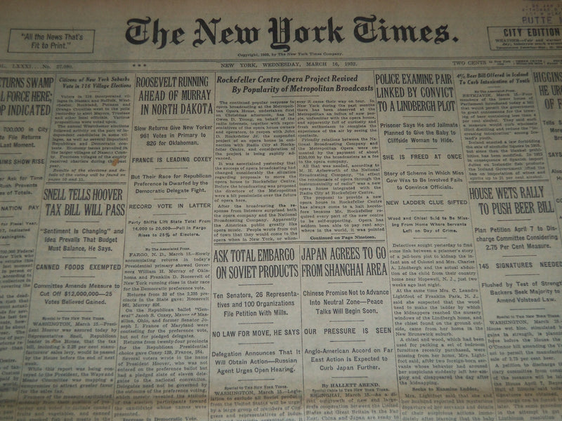 1932 MARCH 16 NEW YORK TIMES - ROCKEFELLER CENTRE OPERA PROJECT REVIVED- NT 7434
